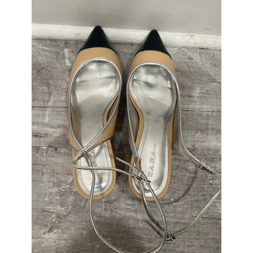 Zara Contrast Cap Toe Block Heels Womens Tan Black Silver Slingback Heels 41 US - Picture 7 of 13